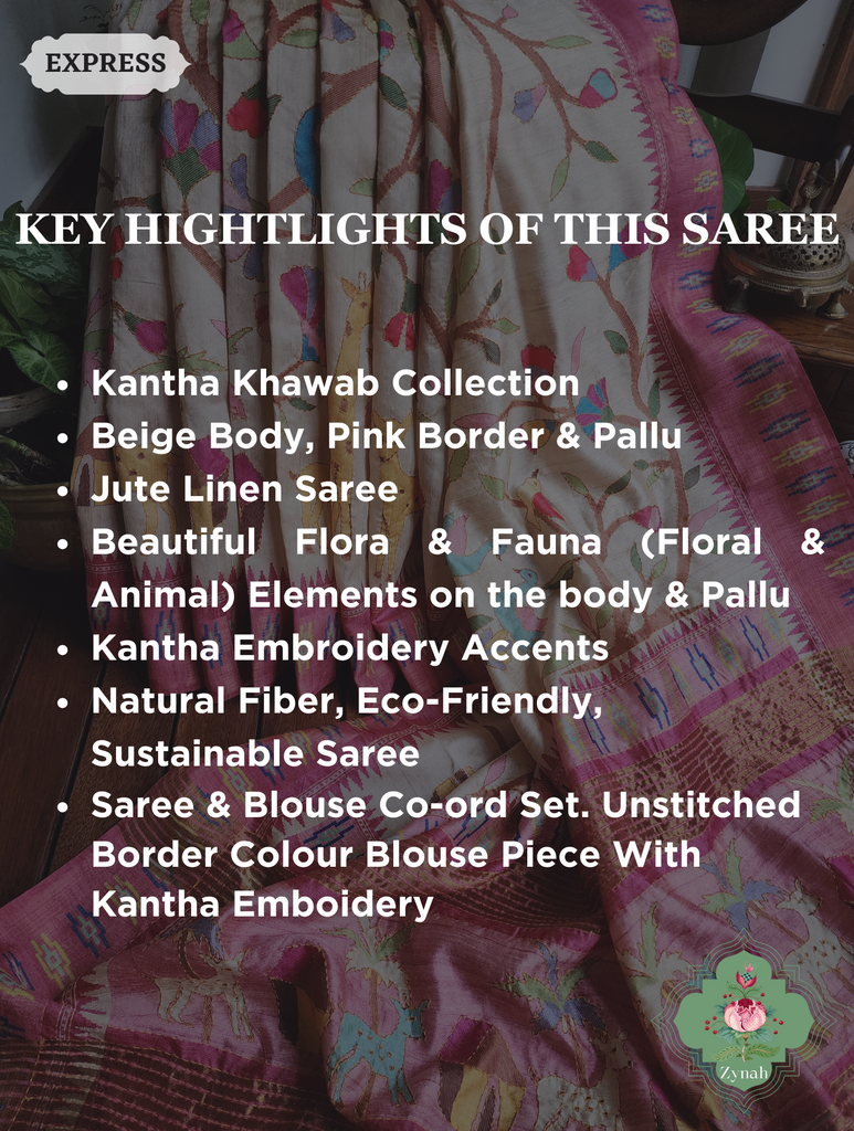 Beige & Pink Jute Linen Saree With Kantha Work &Flora & Fauna Motifs