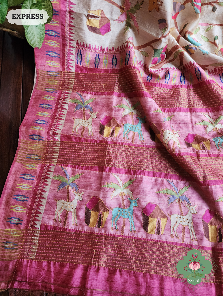 Beige & Pink Jute Linen Saree With Kantha Work &Flora & Fauna Motifs