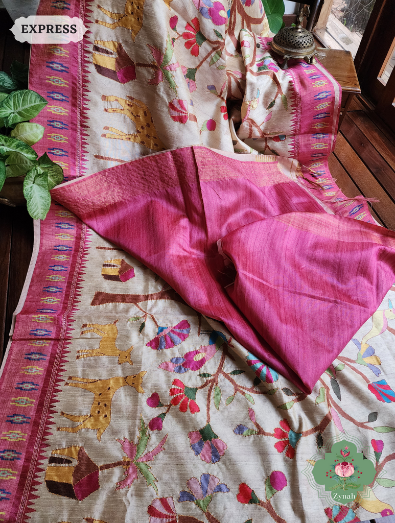 Beige & Pink Jute Linen Saree With Kantha Work &Flora & Fauna Motifs