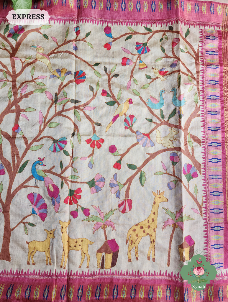 Beige & Pink Jute Linen Saree With Kantha Work &Flora & Fauna Motifs