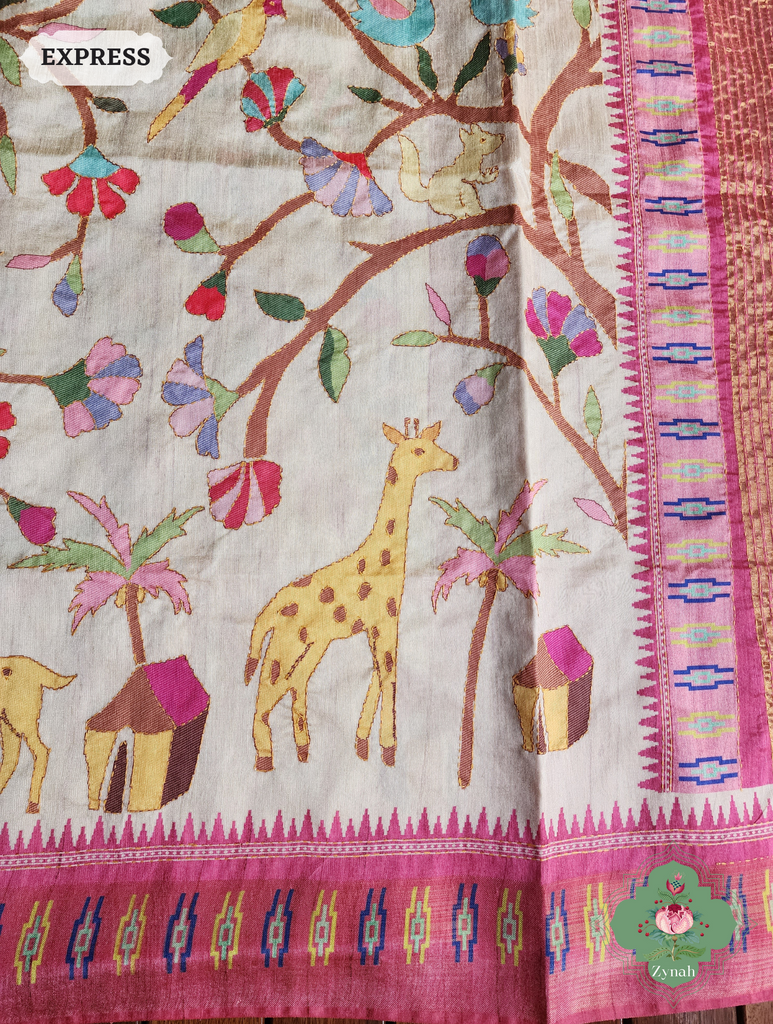Beige & Pink Jute Linen Saree With Kantha Work &Flora & Fauna Motifs