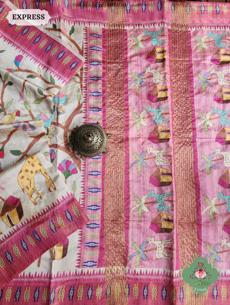 Beige & Pink Jute Linen Saree With Kantha Work &Flora & Fauna Motifs