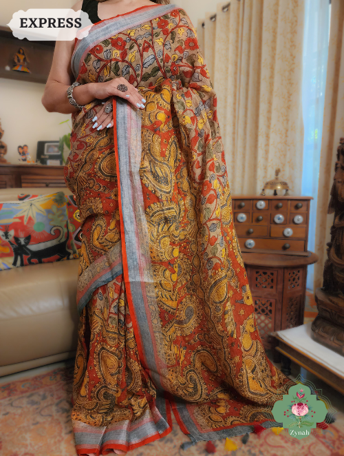 Zynah Beige & Red Organic Linen Saree With Kalamkari Print; Custom Stitched/Ready-made Blouse, Fall, Petticoat; SKU: 1006202302