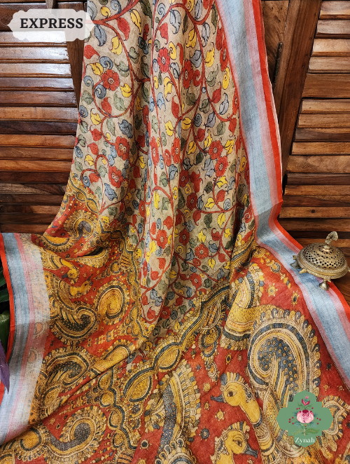 Zynah Beige & Red Organic Linen Saree With Kalamkari Print; Custom Stitched/Ready-made Blouse, Fall, Petticoat; SKU: 1006202302