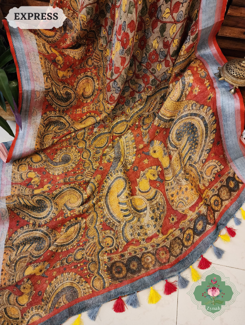 Zynah Beige & Red Organic Linen Saree With Kalamkari Print; Custom Stitched/Ready-made Blouse, Fall, Petticoat; SKU: 1006202302