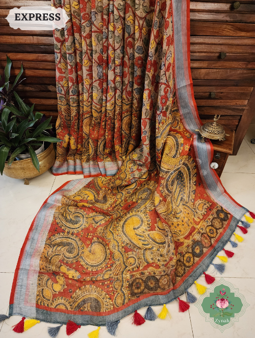 Zynah Beige & Red Organic Linen Saree With Kalamkari Print; Custom Stitched/Ready-made Blouse, Fall, Petticoat; SKU: 1006202302