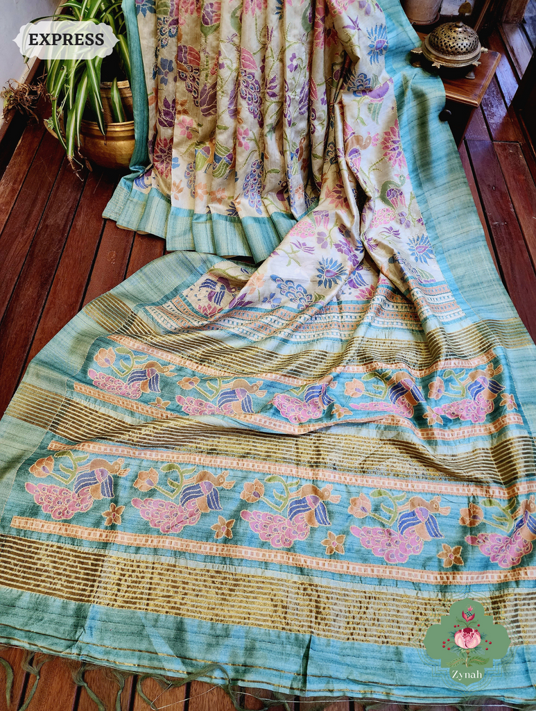 Beige & Turquoise Jute Linen Saree With Kantha Work & Mayura Motifs