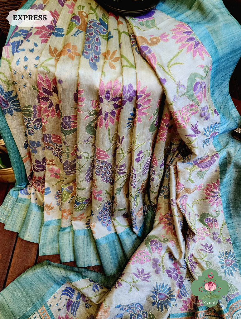Beige & Turquoise Jute Linen Saree With Kantha Work & Mayura Motifs