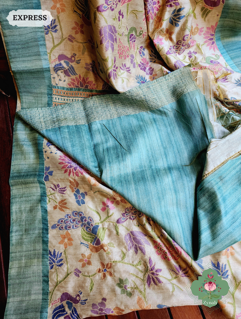 Beige & Turquoise Jute Linen Saree With Kantha Work & Mayura Motifs