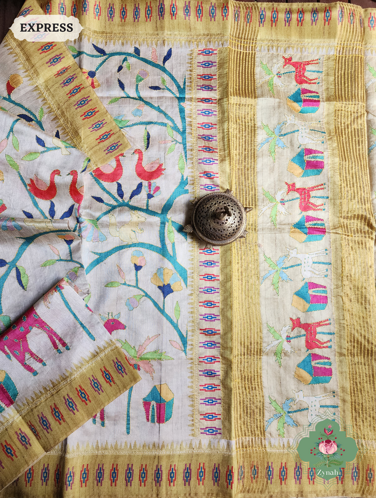 Beige & Yellow Jute Linen Saree With Kantha Work & Nature Motifs