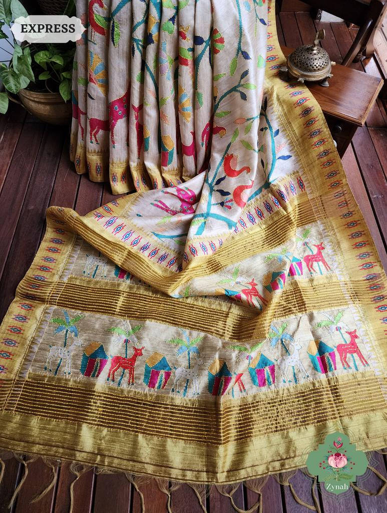 Beige & Yellow Jute Linen Saree With Kantha Work & Nature Motifs