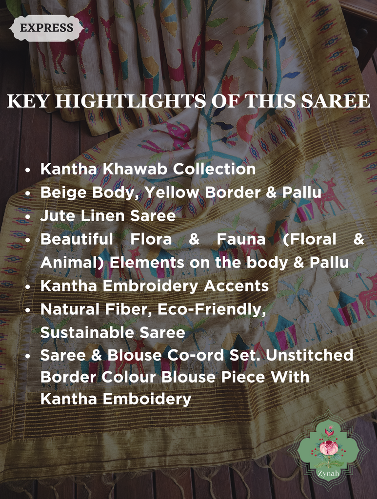 Beige & Yellow Jute Linen Saree With Kantha Work & Nature Motifs