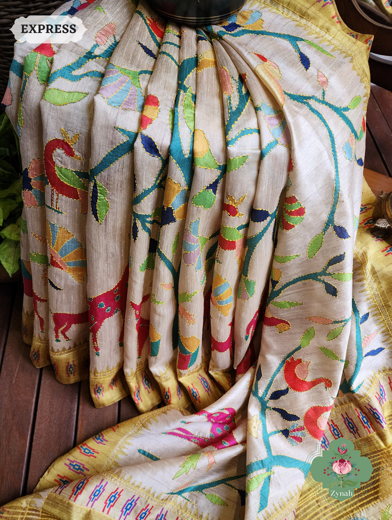 Beige & Yellow Jute Linen Saree With Kantha Work & Nature Motifs