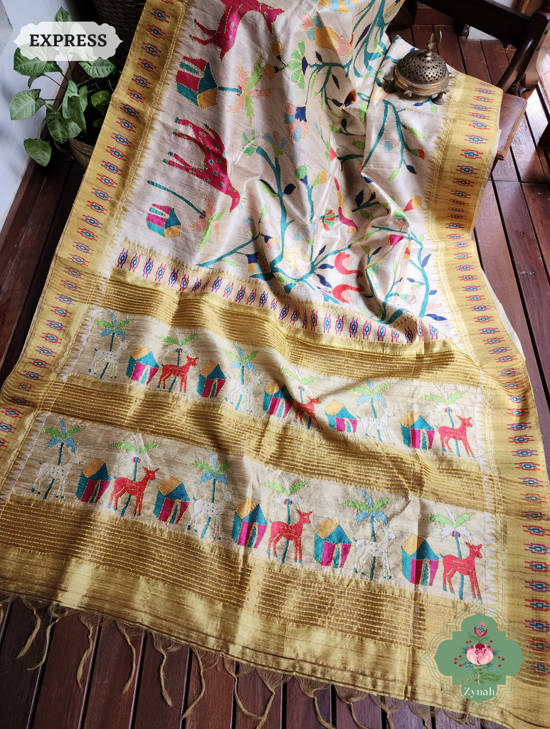 Beige & Yellow Jute Linen Saree With Kantha Work & Nature Motifs
