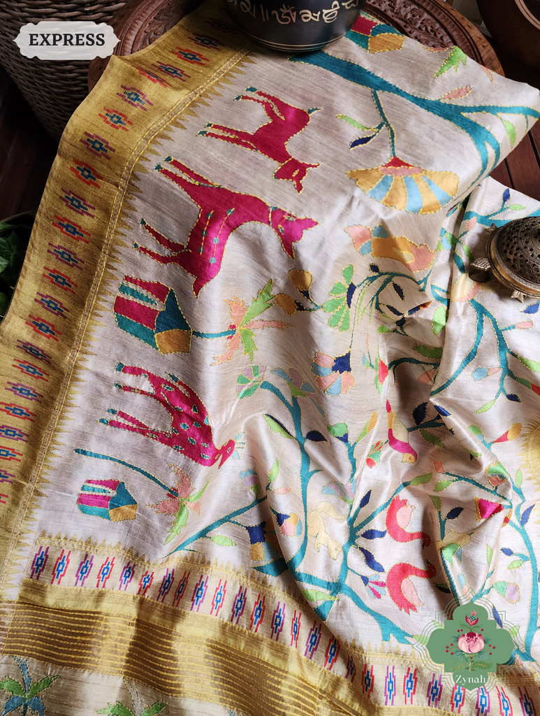 Beige & Yellow Jute Linen Saree With Kantha Work & Nature Motifs