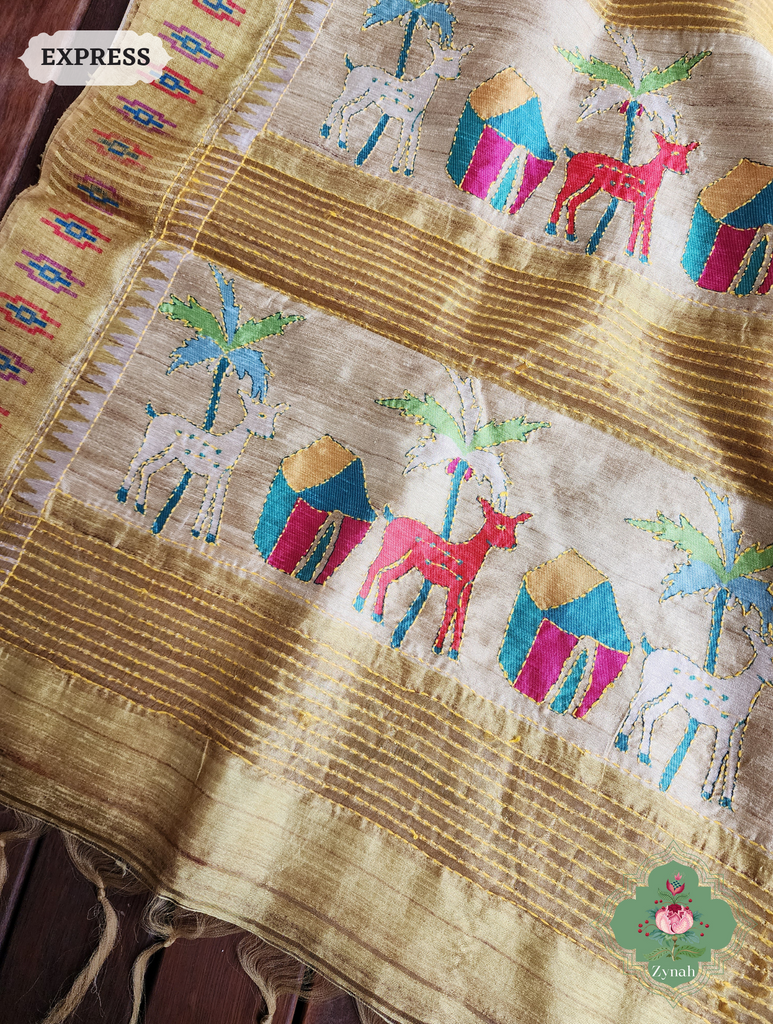 Beige & Yellow Jute Linen Saree With Kantha Work & Nature Motifs