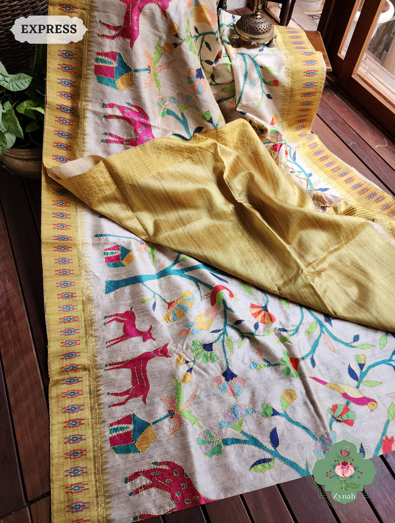 Beige & Yellow Jute Linen Saree With Kantha Work & Nature Motifs