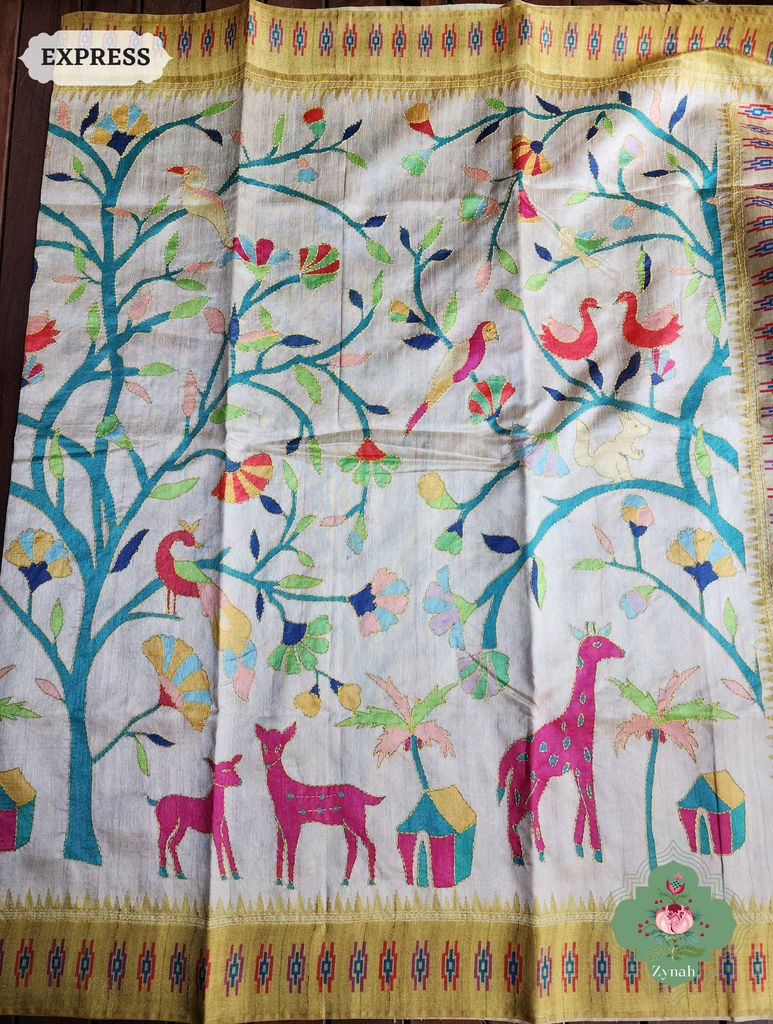 Beige & Yellow Jute Linen Saree With Kantha Work & Nature Motifs