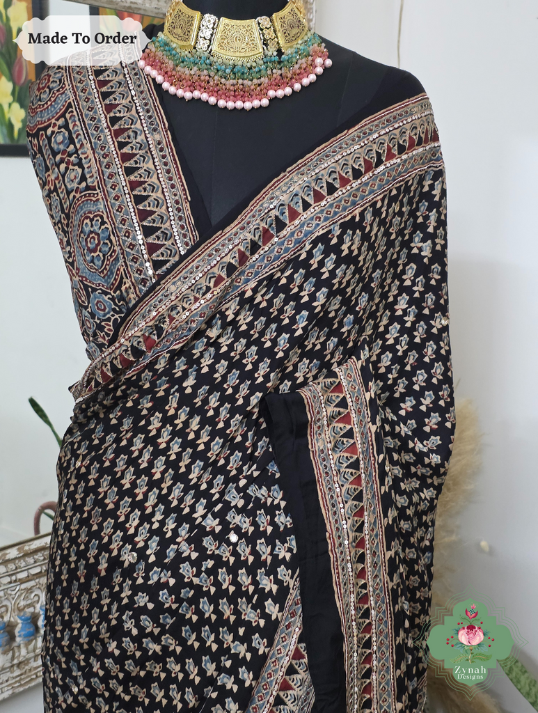 Zynah Made To Order Black Ajrakh Modal Silk Saree With Lagdi Patta Pallu & Hand Embellishments; Custom Stitched/Ready-made Blouse, Fall, Petticoat; SKU:1909202503