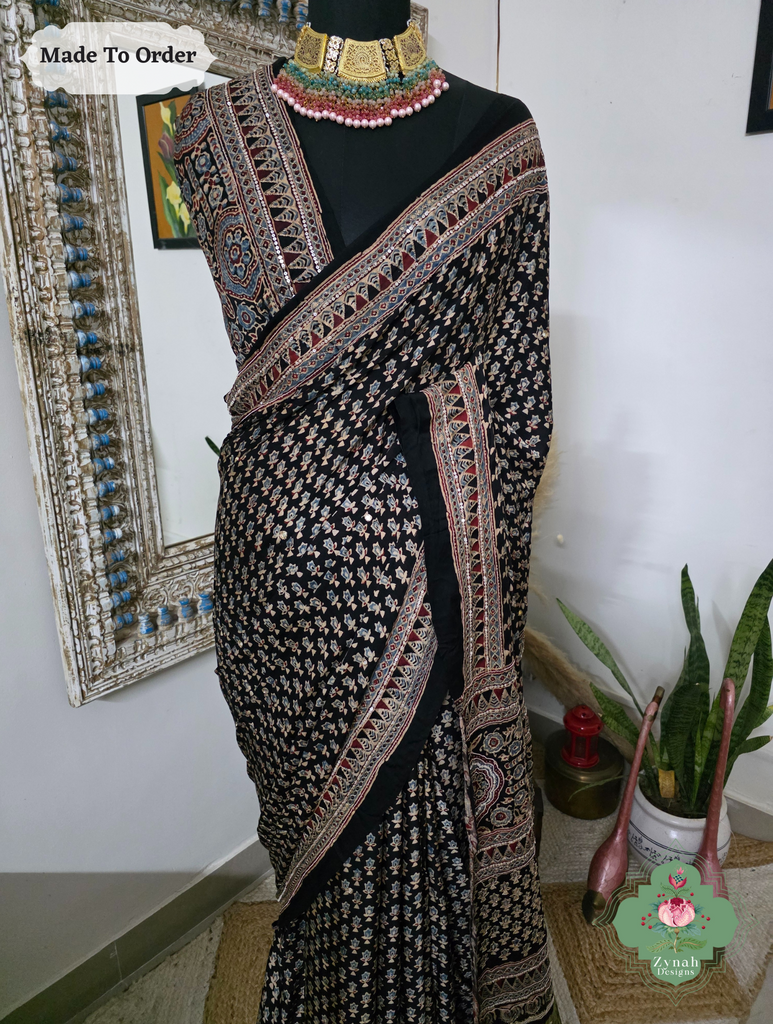 Zynah Made To Order Black Ajrakh Modal Silk Saree With Lagdi Patta Pallu & Hand Embellishments; Custom Stitched/Ready-made Blouse, Fall, Petticoat; SKU:1909202503