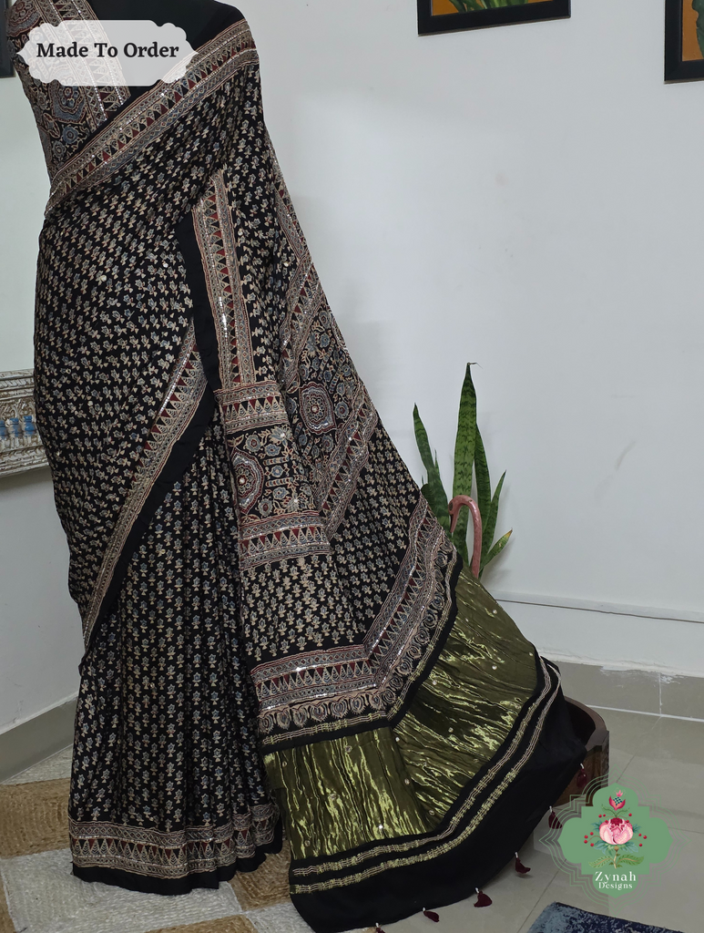 Zynah Made To Order Black Ajrakh Modal Silk Saree With Lagdi Patta Pallu & Hand Embellishments; Custom Stitched/Ready-made Blouse, Fall, Petticoat; SKU:1909202503