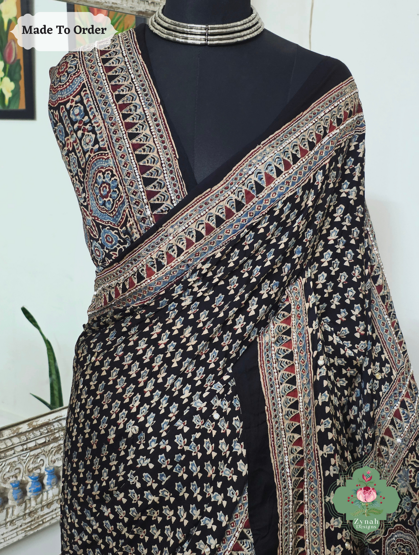 Zynah Made To Order Black Ajrakh Modal Silk Saree With Lagdi Patta Pallu & Hand Embellishments; Custom Stitched/Ready-made Blouse, Fall, Petticoat; SKU:1909202503
