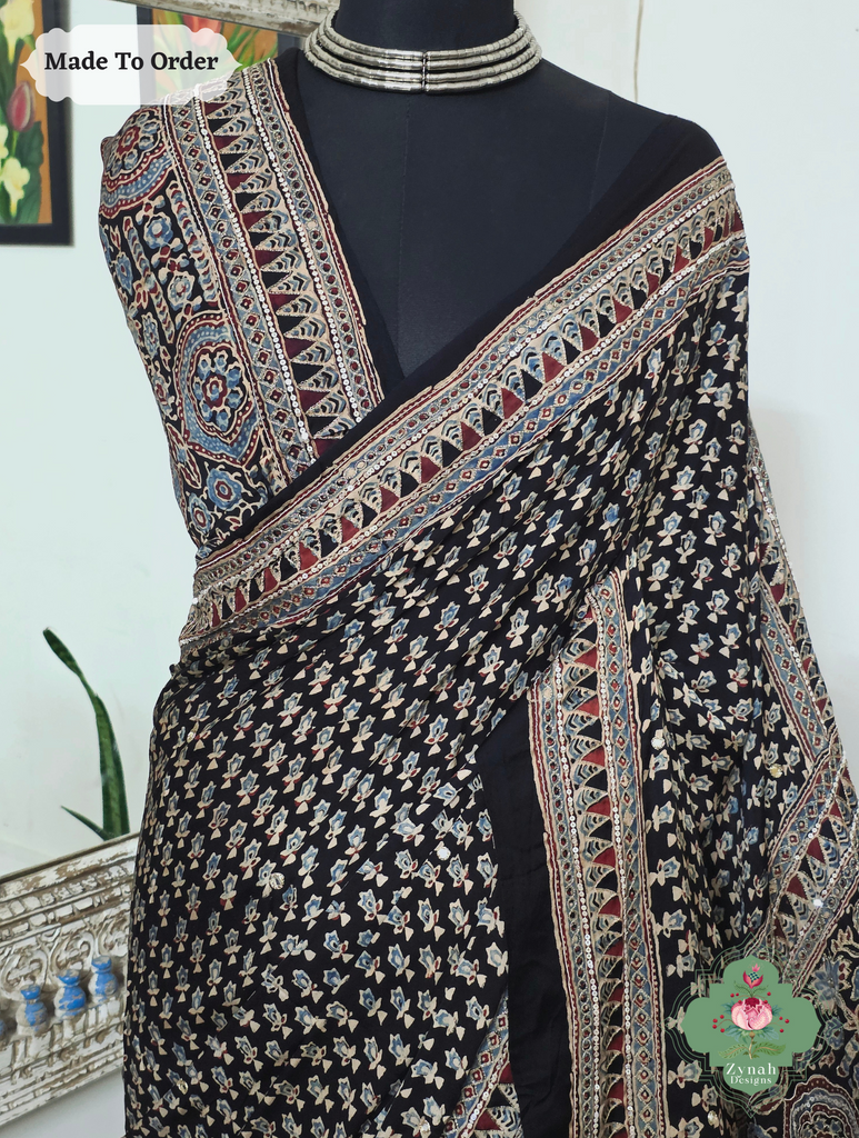 Zynah Made To Order Black Ajrakh Modal Silk Saree With Lagdi Patta Pallu & Hand Embellishments; Custom Stitched/Ready-made Blouse, Fall, Petticoat; SKU:1909202503