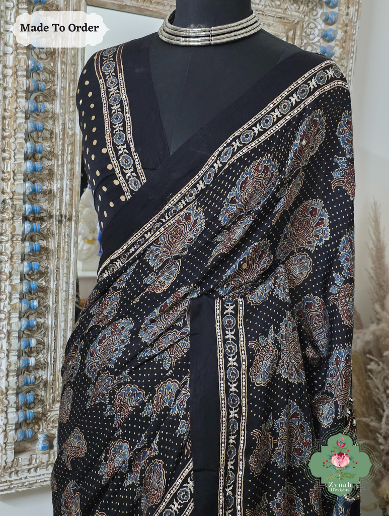 Zynah Made To Order Black Ajrakh Modal Silk Saree With Lagdi Patta Pallu & Hand Embellishments; Custom Stitched/Ready-made Blouse, Fall, Petticoat; SKU:1909202504