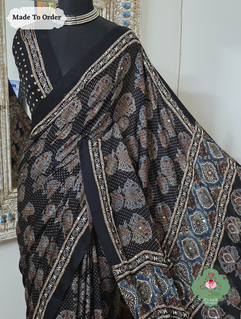 Zynah Made To Order Black Ajrakh Modal Silk Saree With Lagdi Patta Pallu & Hand Embellishments; Custom Stitched/Ready-made Blouse, Fall, Petticoat; SKU:1909202504