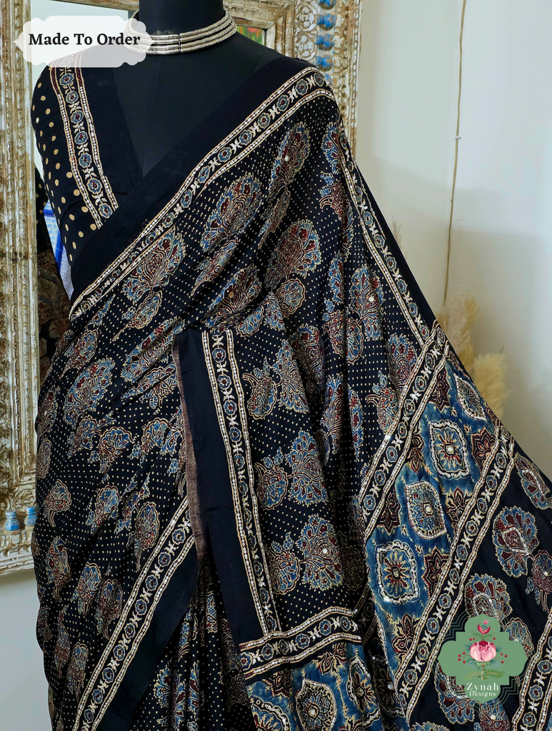 Zynah Made To Order Black Ajrakh Modal Silk Saree With Lagdi Patta Pallu & Hand Embellishments; Custom Stitched/Ready-made Blouse, Fall, Petticoat; SKU:1909202504