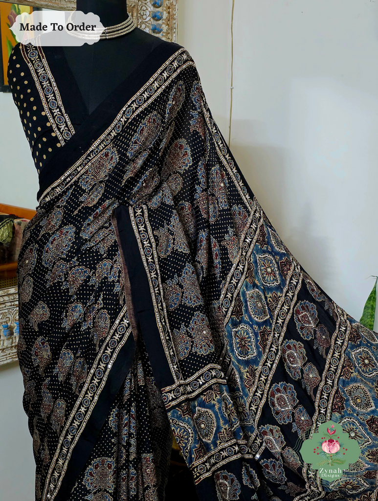 Zynah Made To Order Black Ajrakh Modal Silk Saree With Lagdi Patta Pallu & Hand Embellishments; Custom Stitched/Ready-made Blouse, Fall, Petticoat; SKU:1909202504