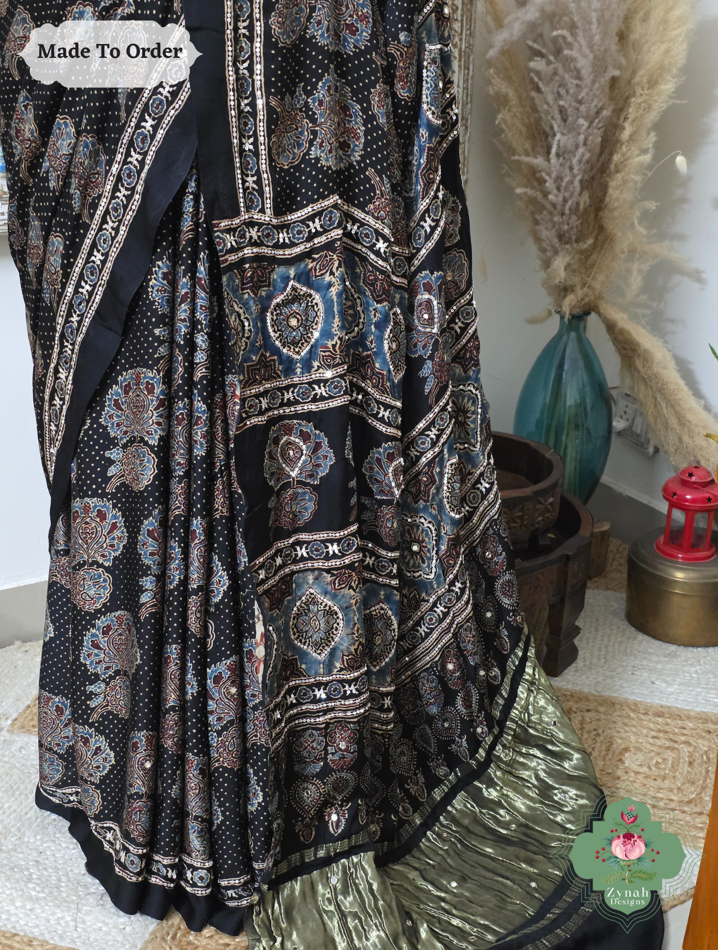 Zynah Made To Order Black Ajrakh Modal Silk Saree With Lagdi Patta Pallu & Hand Embellishments; Custom Stitched/Ready-made Blouse, Fall, Petticoat; SKU:1909202504
