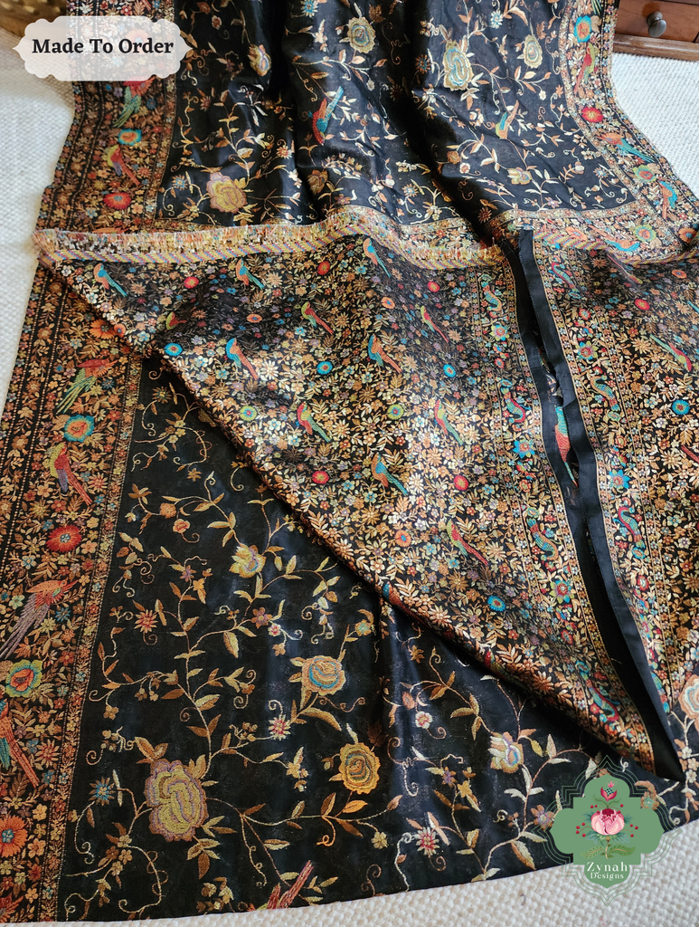 Zynah Made To Order Black Handwoven Kashmiri Pure Kani Silk Jamavar Saree; Custom Stitched/Ready-made Blouse, Fall, Petticoat; SKU: 0110202504