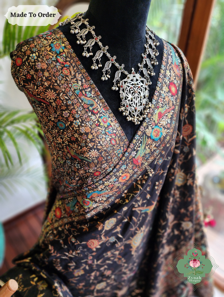 Zynah Made To Order Black Handwoven Kashmiri Pure Kani Silk Jamavar Saree; Custom Stitched/Ready-made Blouse, Fall, Petticoat; SKU: 0110202504