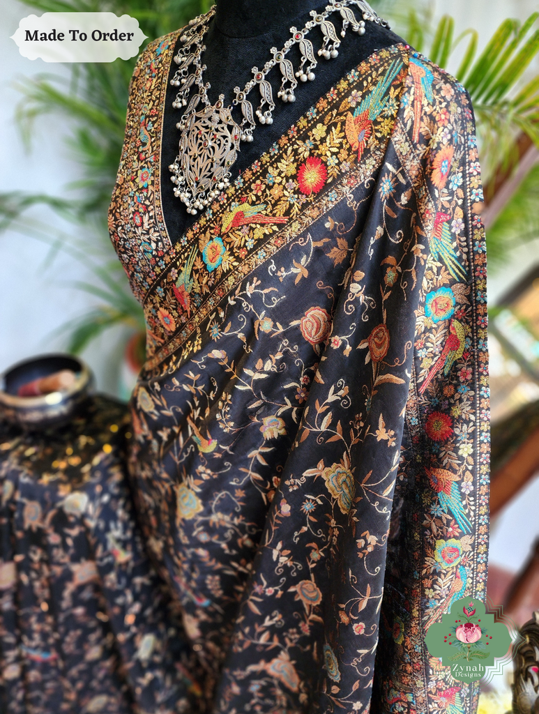 Zynah Made To Order Black Handwoven Kashmiri Pure Kani Silk Jamavar Saree; Custom Stitched/Ready-made Blouse, Fall, Petticoat; SKU: 0110202504