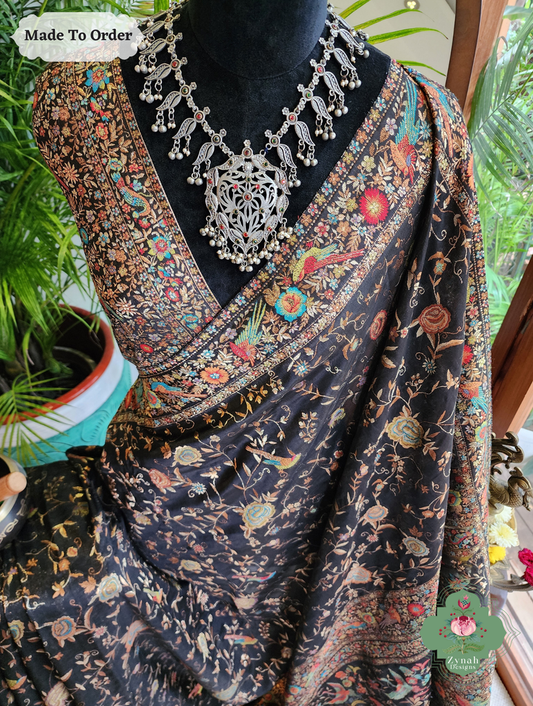 Zynah Made To Order Black Handwoven Kashmiri Pure Kani Silk Jamavar Saree; Custom Stitched/Ready-made Blouse, Fall, Petticoat; SKU: 0110202504