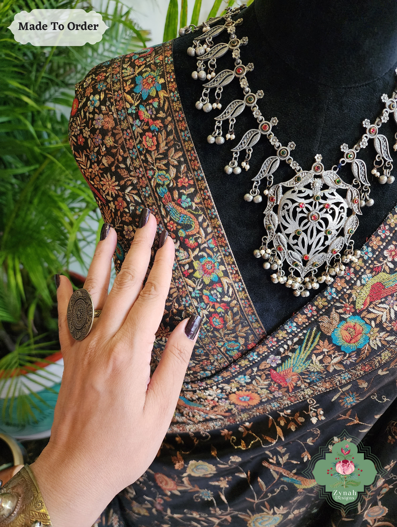 Zynah Made To Order Black Handwoven Kashmiri Pure Kani Silk Jamavar Saree; Custom Stitched/Ready-made Blouse, Fall, Petticoat; SKU: 0110202504