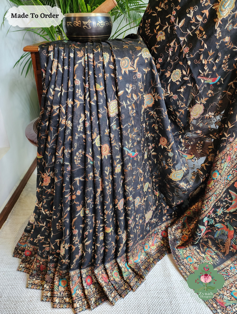 Zynah Made To Order Black Handwoven Kashmiri Pure Kani Silk Jamavar Saree; Custom Stitched/Ready-made Blouse, Fall, Petticoat; SKU: 0110202504