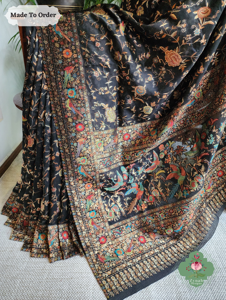 Zynah Made To Order Black Handwoven Kashmiri Pure Kani Silk Jamavar Saree; Custom Stitched/Ready-made Blouse, Fall, Petticoat; SKU: 0110202504