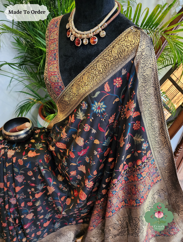 Zynah Made To Order Black Handwoven Kashmiri Pure Kani Silk Jamavar Saree; Custom Stitched/Ready-made Blouse, Fall, Petticoat; SKU: 0110202505
