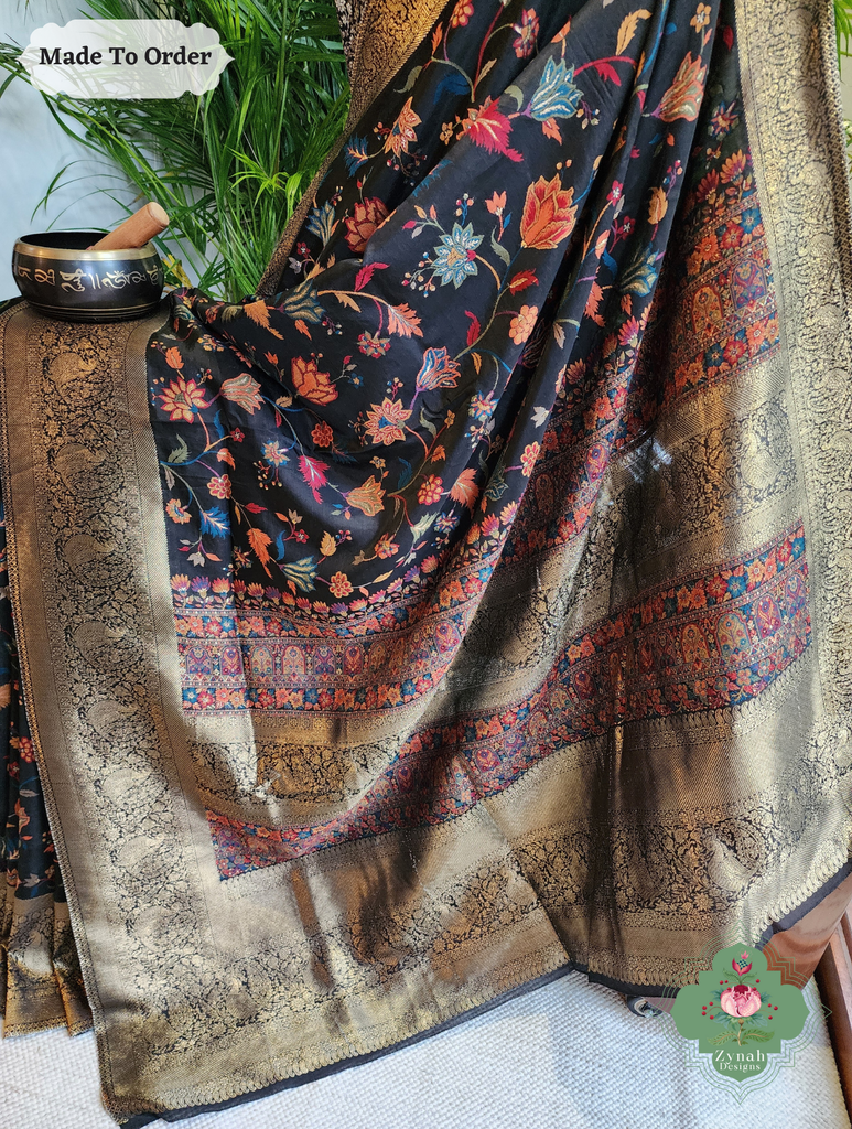 Zynah Made To Order Black Handwoven Kashmiri Pure Kani Silk Jamavar Saree; Custom Stitched/Ready-made Blouse, Fall, Petticoat; SKU: 0110202505