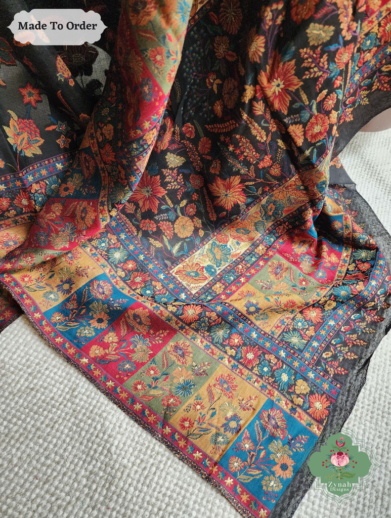 Zynah Made To Order Black Handwoven Kashmiri Pure Kani Silk Jamavar Saree; Custom Stitched/Ready-made Blouse, Fall, Petticoat; SKU: 0110202506