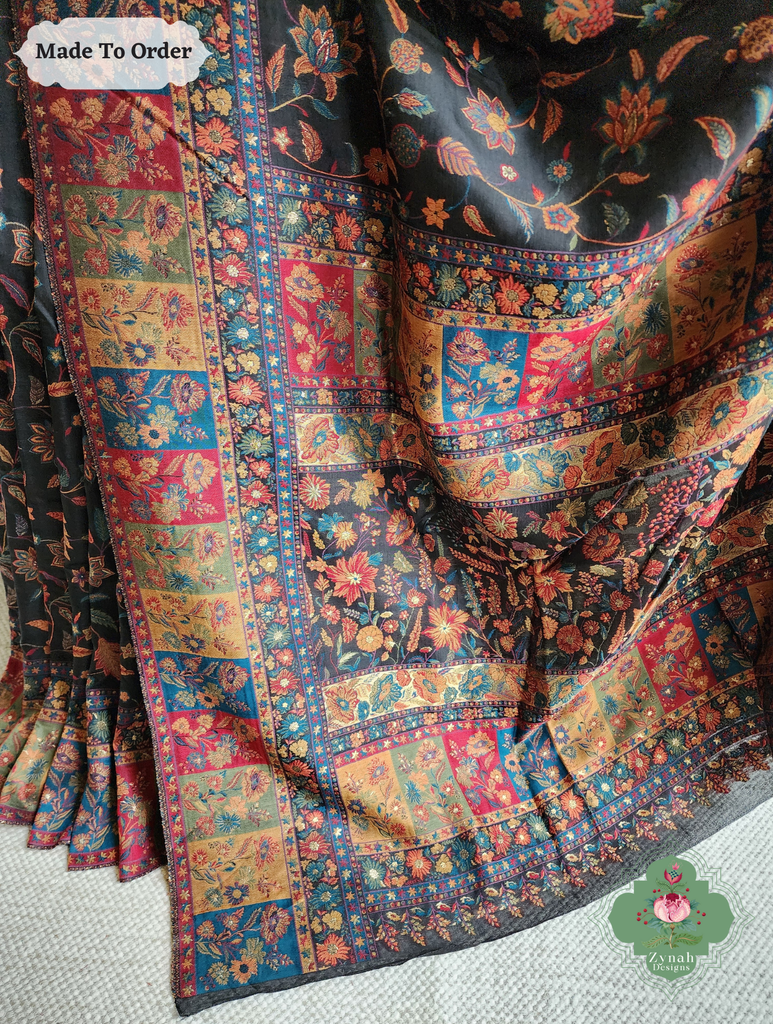 Zynah Made To Order Black Handwoven Kashmiri Pure Kani Silk Jamavar Saree; Custom Stitched/Ready-made Blouse, Fall, Petticoat; SKU: 0110202506