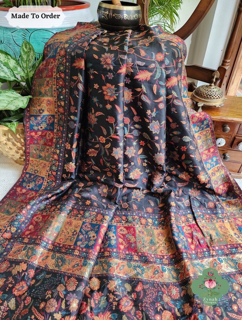 Zynah Made To Order Black Handwoven Kashmiri Pure Kani Silk Jamavar Saree; Custom Stitched/Ready-made Blouse, Fall, Petticoat; SKU: 0110202506