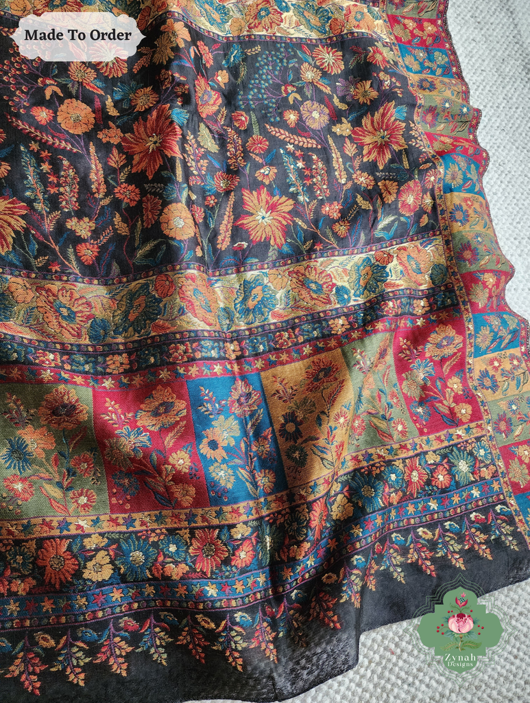 Zynah Made To Order Black Handwoven Kashmiri Pure Kani Silk Jamavar Saree; Custom Stitched/Ready-made Blouse, Fall, Petticoat; SKU: 0110202506