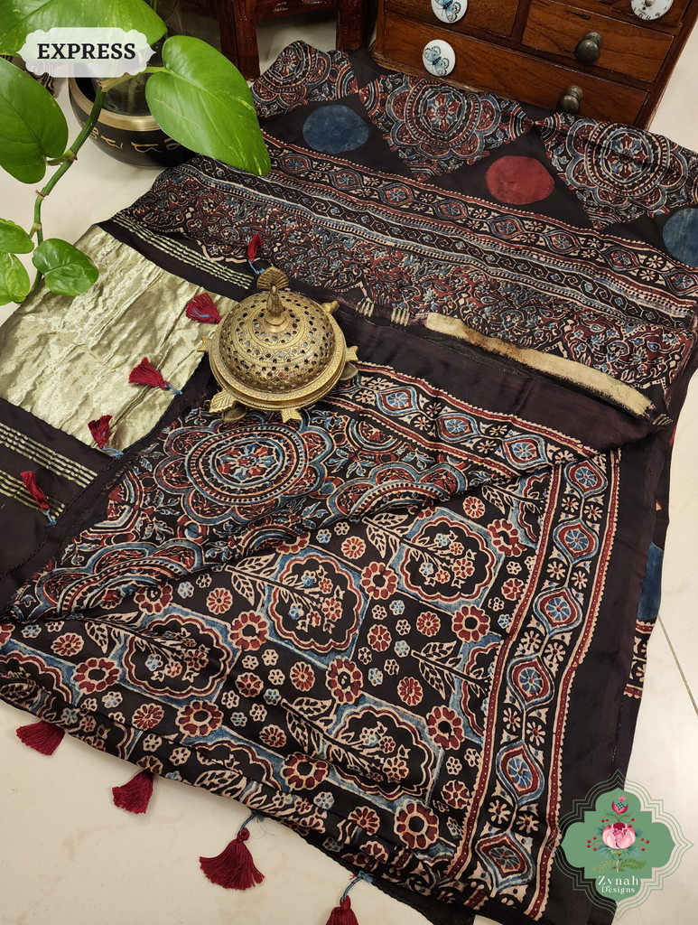 Black Ajrakh Modal Silk Saree Crafted Using The Traditional Method Of Hand Block Printing Using 100% Natural Dyes 10
