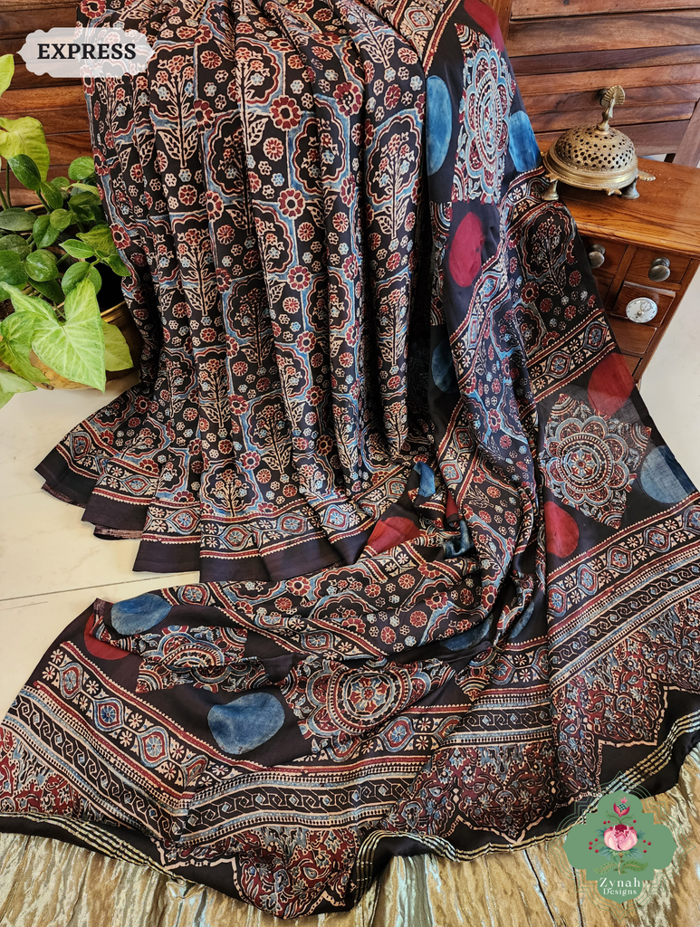 Black Ajrakh Modal Silk Saree Crafted Using The Traditional Method Of Hand Block Printing Using 100% Natural Dyes 3