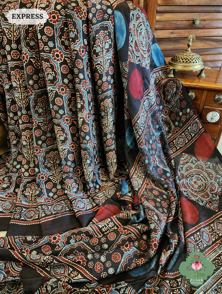 Black Ajrakh Modal Silk Saree Crafted Using The Traditional Method Of Hand Block Printing Using 100% Natural Dyes 4