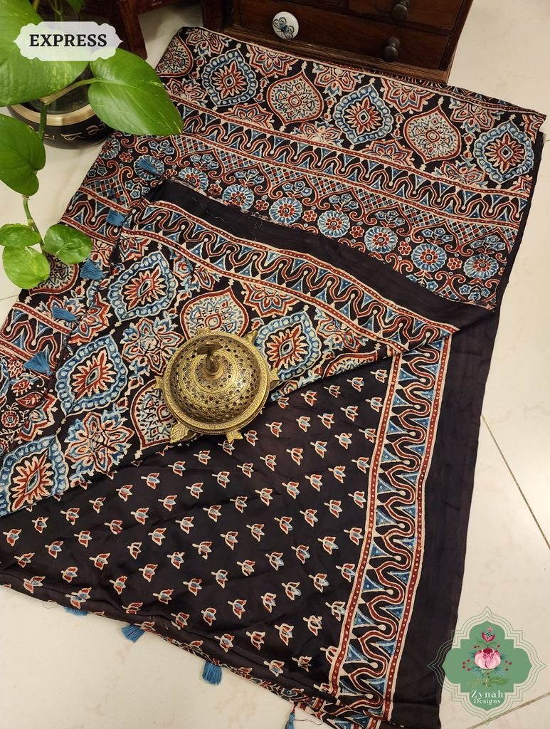 Black Modal Silk Saree Crafted Using The Traditional Method Of Hand Block Printing Using 100% Natural Dyes 10