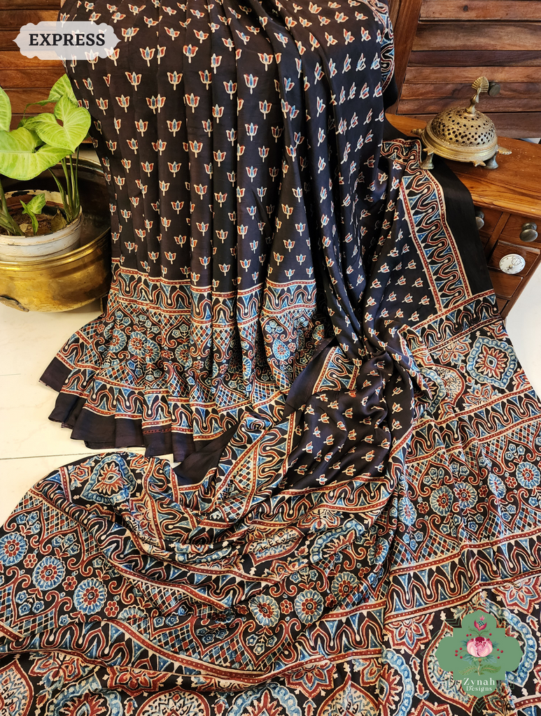 Black Modal Silk Saree Crafted Using The Traditional Method Of Hand Block Printing Using 100% Natural Dyes 3